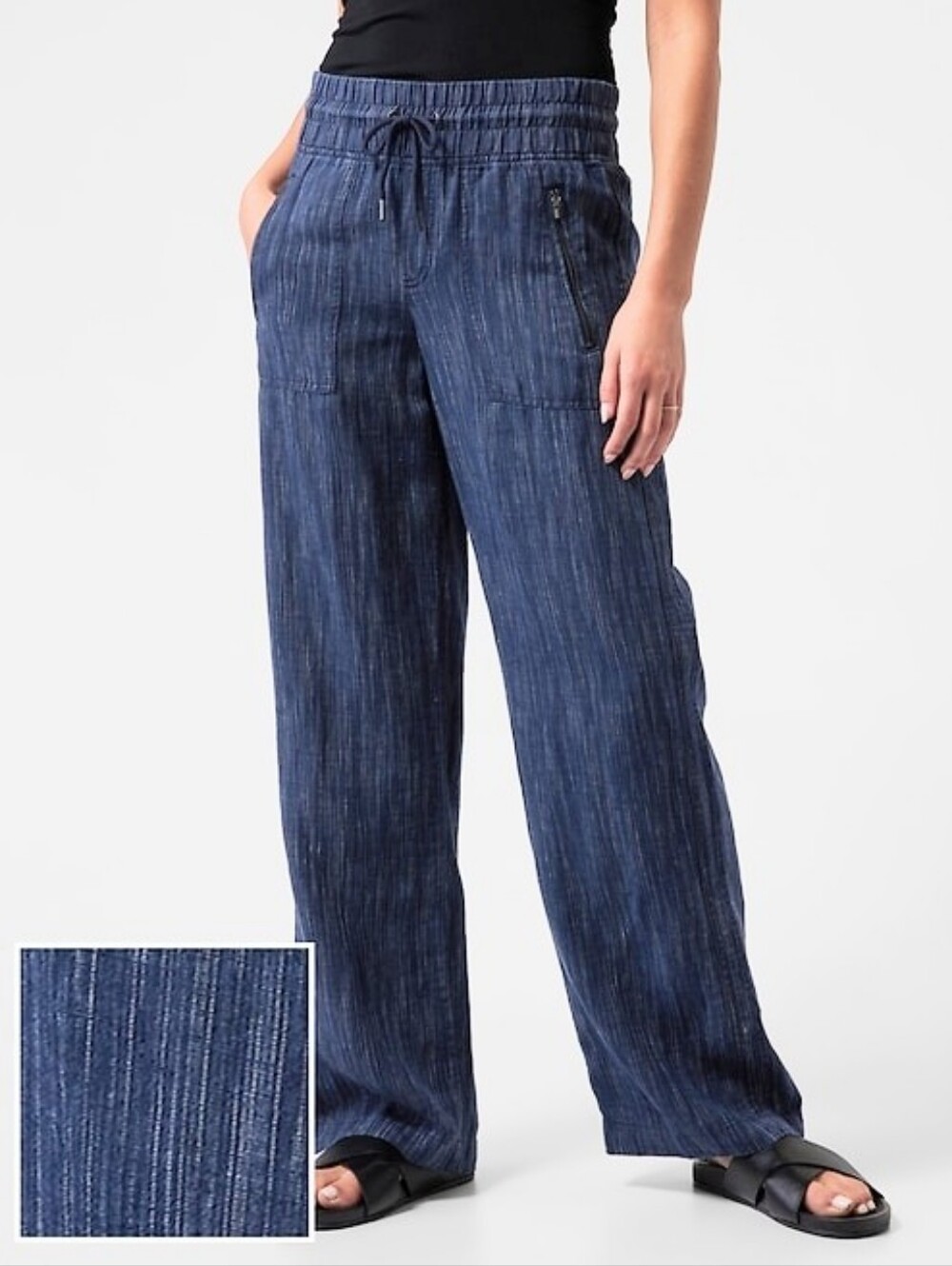 ATHLETA Cabo Linen Textured Wide Leg Elastic Waist Pants Sz 14 LIKE NEW